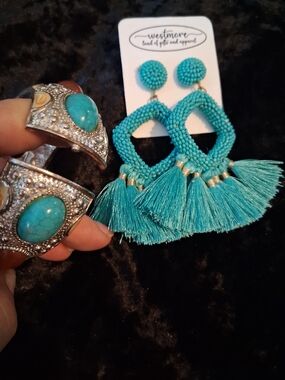 Turquoise Beaded Tassel Earringsand Chunky Cuff Clamper Bracelet.